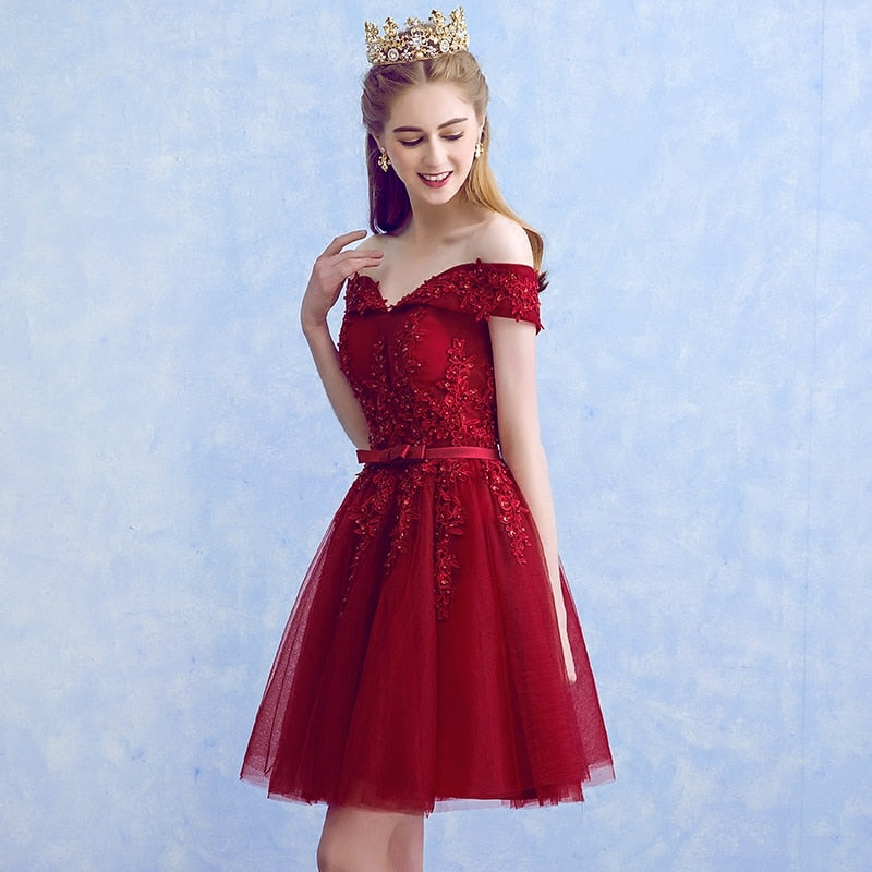 Homecoming Dresses: Red Lace Elegant Knee Length Prom Dresses Women