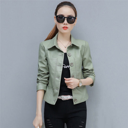 Leather Jacket Women Caramel Short Slim PU Coat