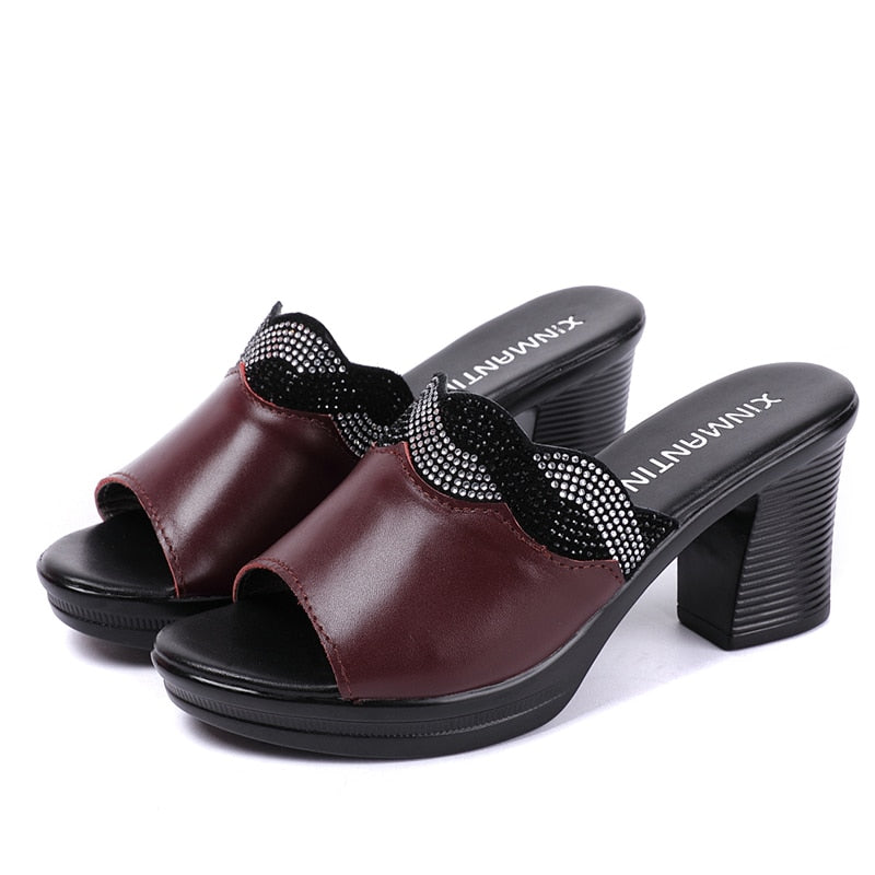 Ladies Summer Slippers Shoes Women High Heels Fashion Rhinestone Summer Shoes Genuine Leather