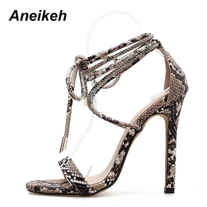 Fashion Summer Women Sandals PU Lace-Up Thin High Cover Heel Shallow Mature Serpentine Dance Solid Pumps 35-40