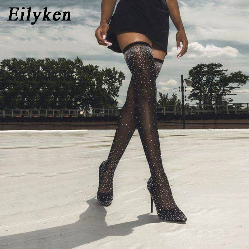 Design Fashion Pointed Toe Bling Over Knee Boots Crystal Long Sock