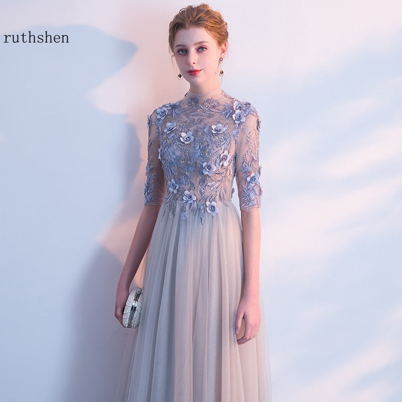 Homecoming Dresses: Prom Dresses Long Half Sleeves Gray Tulle A-Line Floor-Length