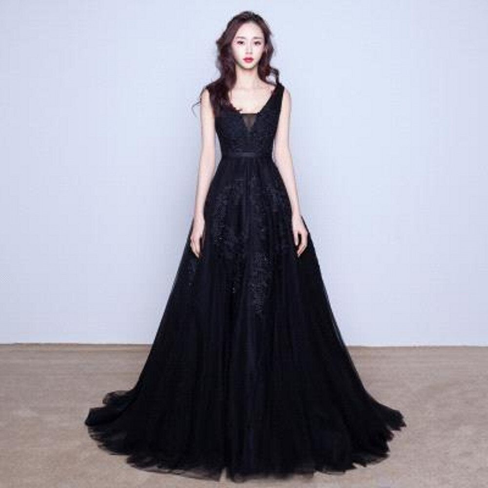 Women Elegant V Neck Tulle Sleeveless Lace Bridesmaid Dress Long