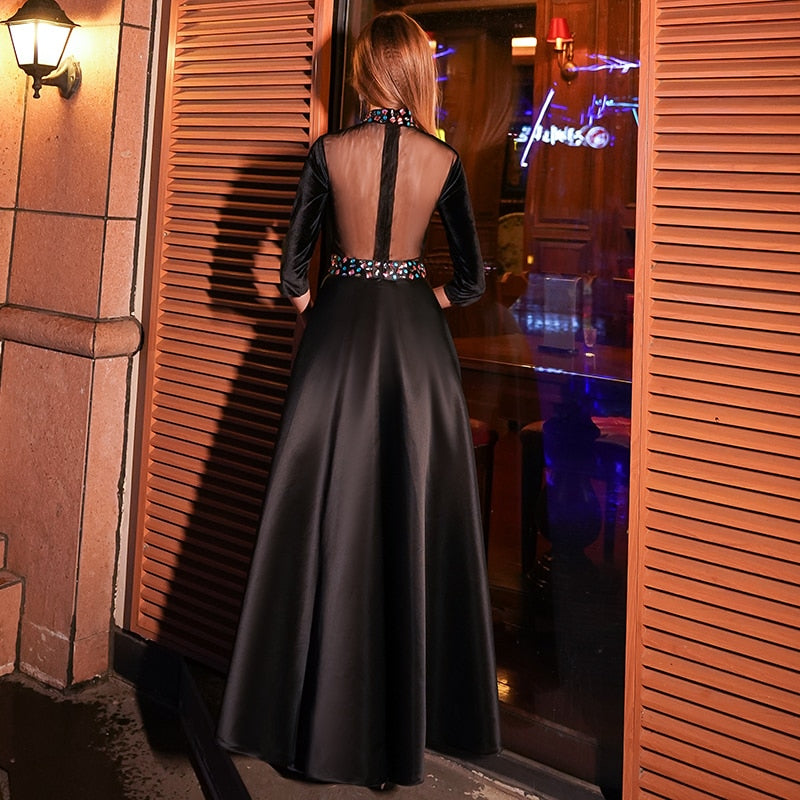 Evening wear Dresses: Black Evening Dress Long A-line Party Dress Crystal Half