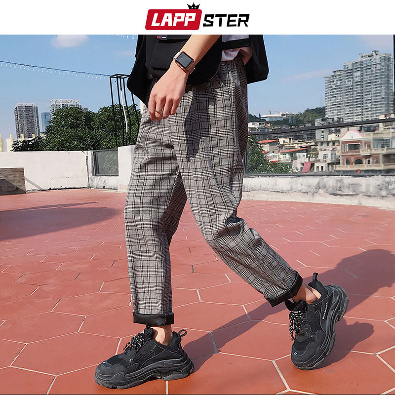 Streetwear Yellow Plaid Pants Men Joggers Man Casual Straight Harem Pants Men
