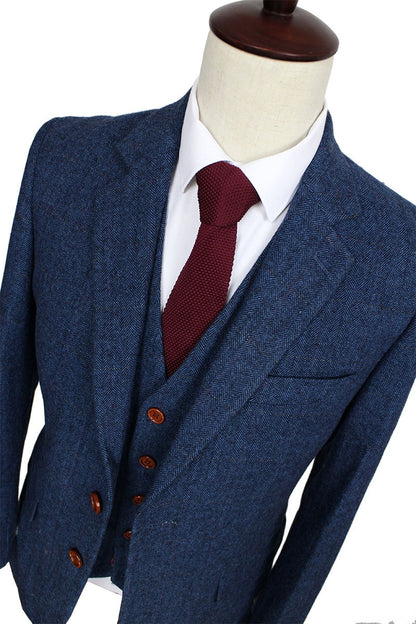Wool Blue Herringbone Retro gentleman style custom made Men suits tailor suit