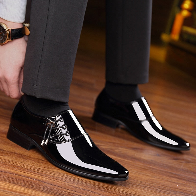 luxury Brand Men Classic Pointed Toe Dress Shoes Mens Slip on Patent