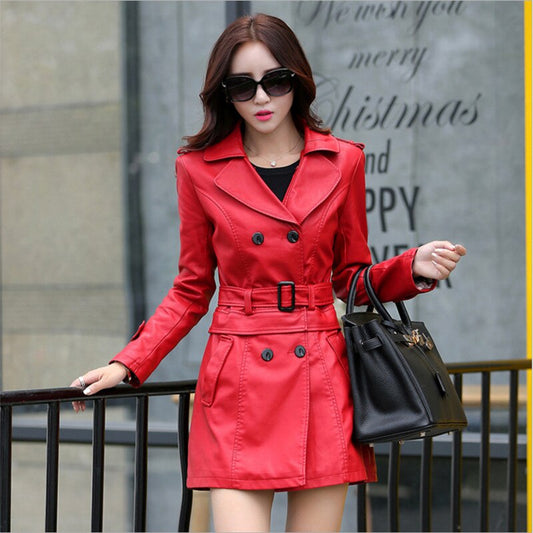 Spring Autumn Women Long Leather Jacket Slim Oversize Bow Belt Coats