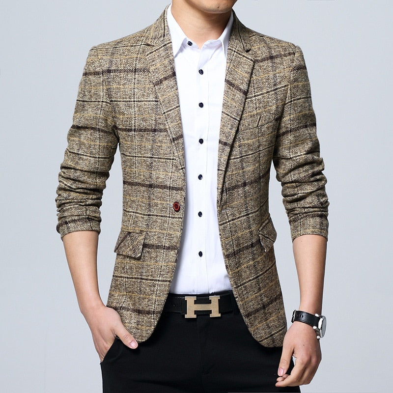 Men Blazers 4XL 5XL Spring British Style Plaid Male Slim Fat Business