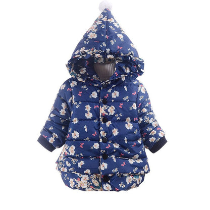 Floral Hooded Girls Down Jacket Fleece Children Outerwear Long Winter Girl