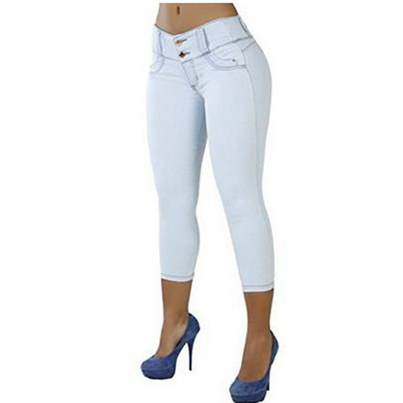 Women Casual Cropped Pants Solid Color Button Fly Waist Slim