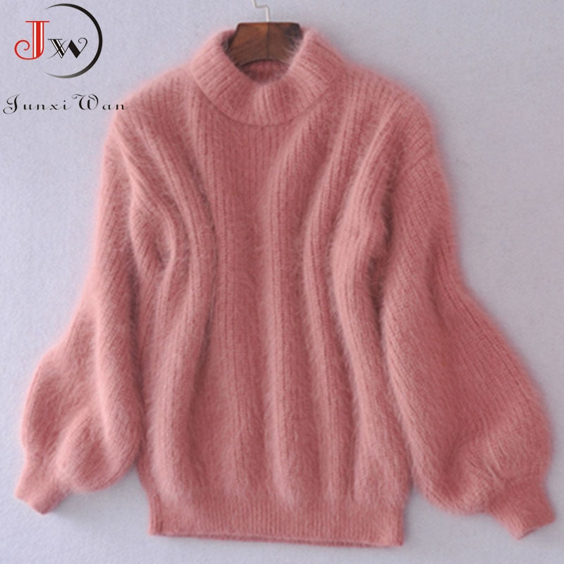 White Mohair Thicken Turtleneck Sweater Autumn Winter Sweet Fashion