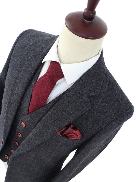 Wool Dark Grey Herringbone Tweed tailor slim fit wedding suits for men