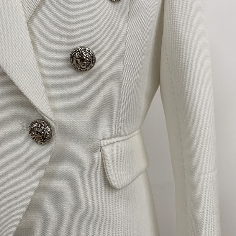 Designer Blazer Women Double Breasted Metal Lion Silver Buttons Pique Blazer Jacket