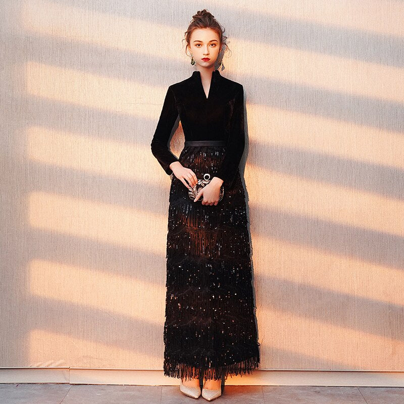 Evening wear Dresses: Evening Dress Banquet Black Velour with Stripe