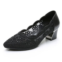 Womens Comfortable Heels: Hollow Out Genuine Leather Pumps Women Shoes