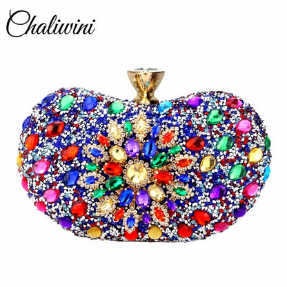Evening Diamond Two Side Floral Woman Clutch Bag Multi Crystal