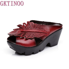 Ethnic Style Genuine Leather Women Shoes Sandals wedges Slides