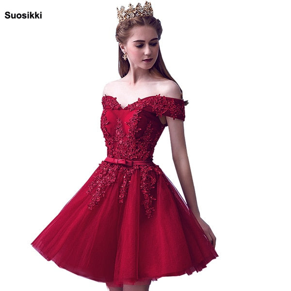 Homecoming Dresses: Red Lace Elegant Knee Length Prom Dresses Women