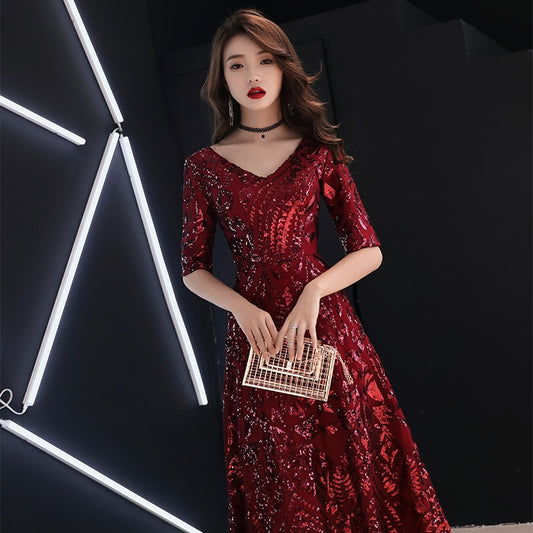 Evening wear Dresses: The Elegant V-neck A-line Half Sleeve Evening Gown