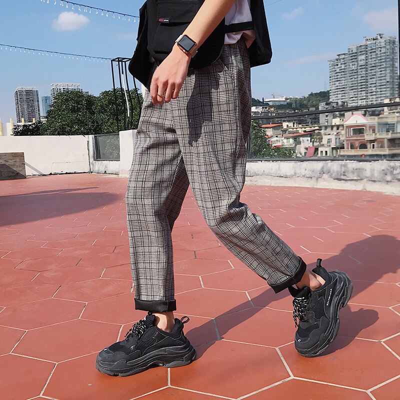 Streetwear Yellow Plaid Pants Men Joggers Man Casual Straight Harem Pants Men