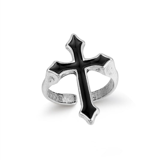 1PC Vintage Black Big Cross Open Ring For Women Party Jewelry