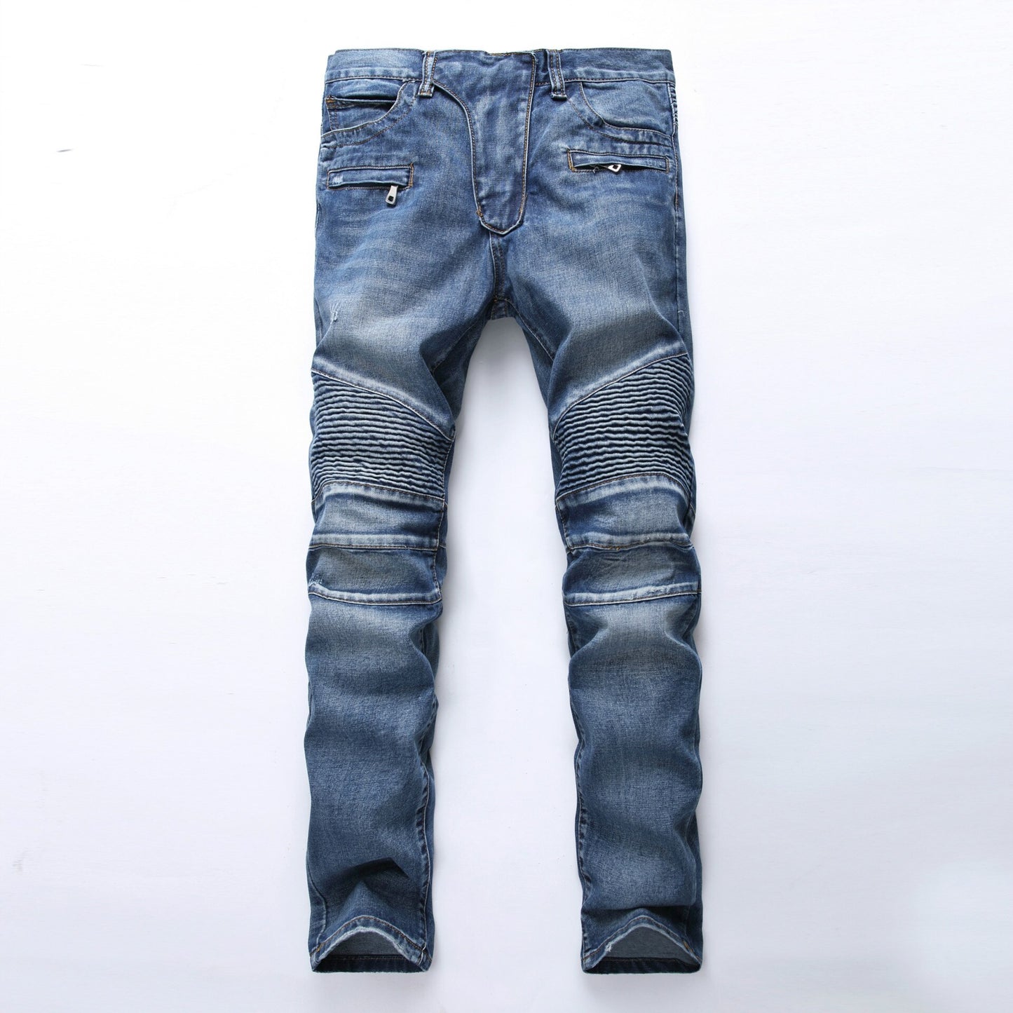 Classic Retro Jeans Men Straight Slim Zipper Decoration Light Fold Skinny Denim