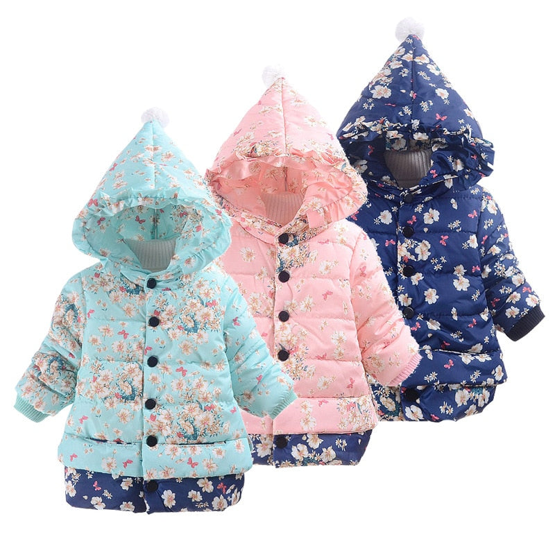 Floral Hooded Girls Down Jacket Fleece Children Outerwear Long Winter Girl