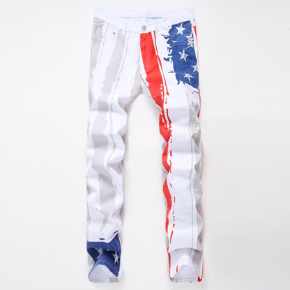 Fashion Painted Denim Slim Fit White Jeans Men Hip Hop Elastic Casual