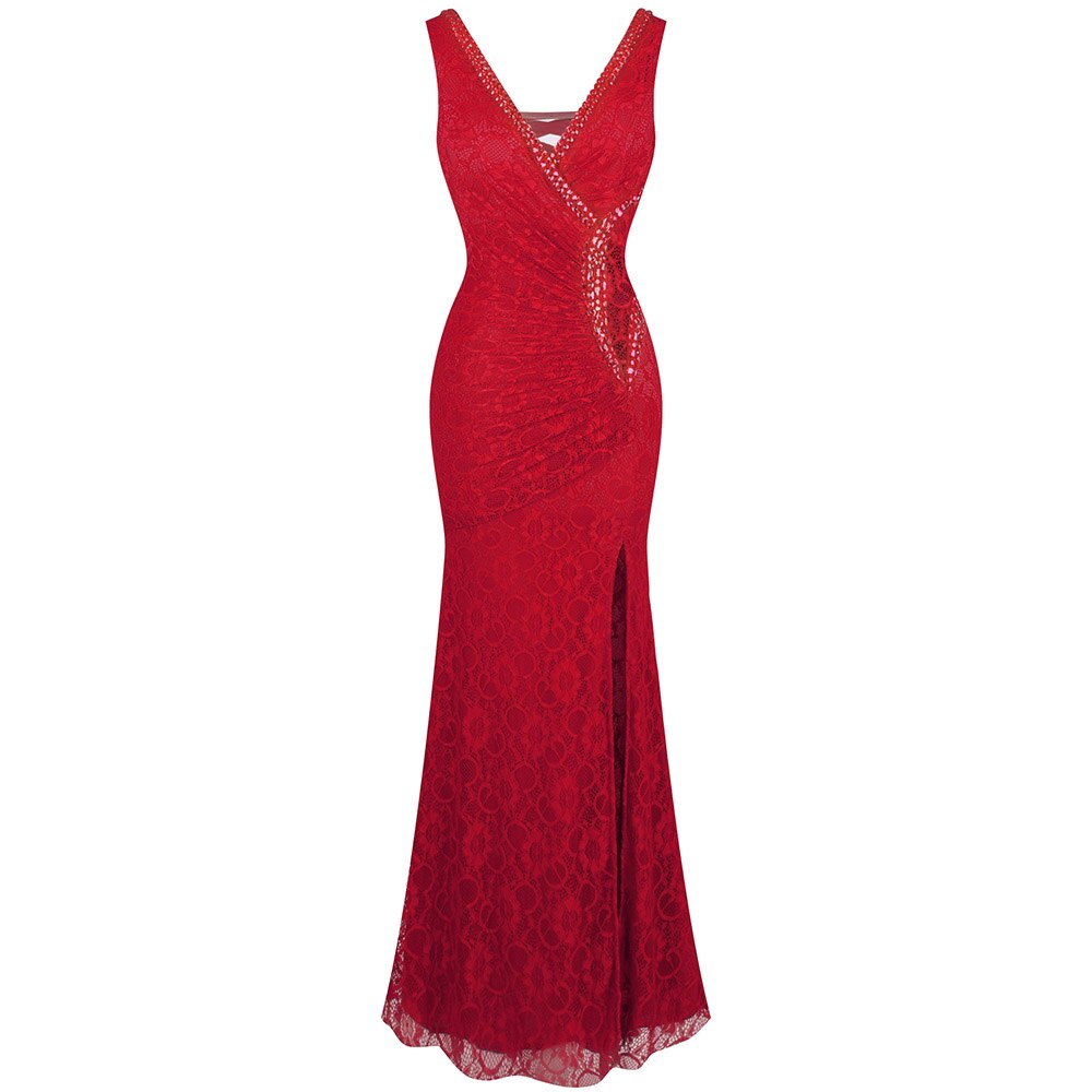 Evening wear Dresses: Formal Party V Neck Beading See Through Lace Evening Dress