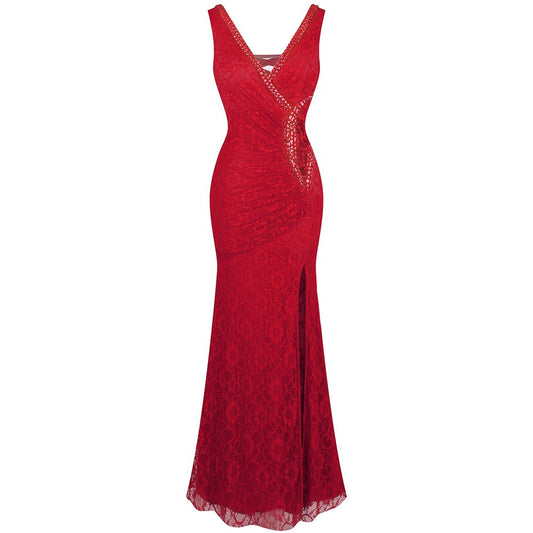 Evening wear Dresses: Formal Party V Neck Beading See Through Lace Evening Dress