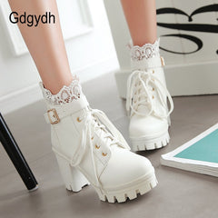 Lace Ankle Boots Thick High Heels Women Boots Lacing