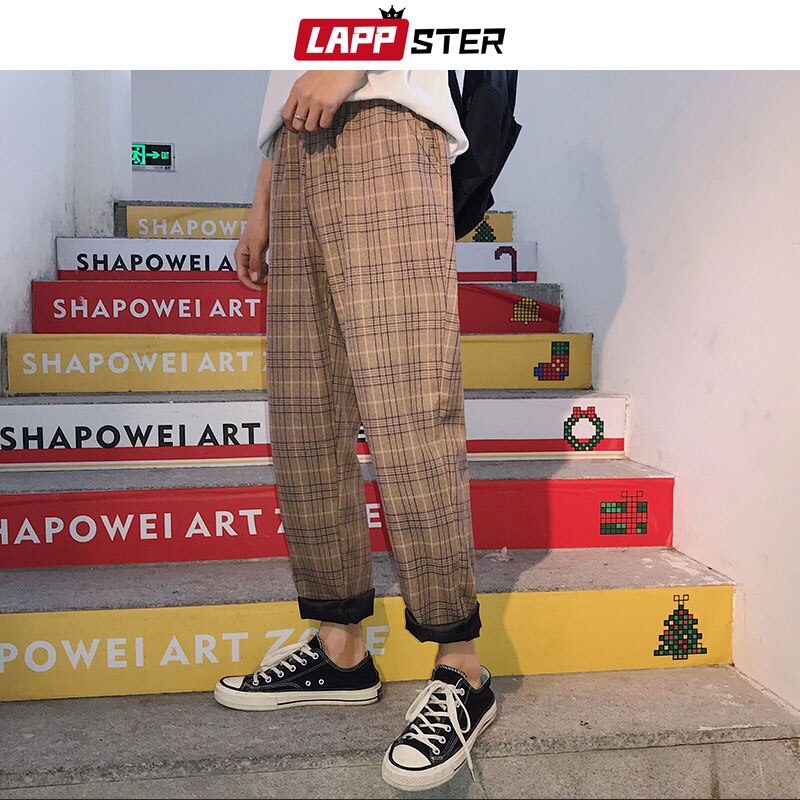 Streetwear Yellow Plaid Pants Men Joggers Man Casual Straight Harem Pants Men