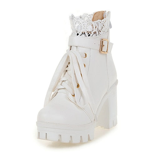 Lace Ankle Boots Thick High Heels Women Boots Lacing