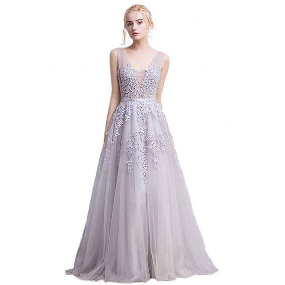 Homecoming Dresses: Women Elegant V Neck Tulle Sleeveless Lace Bridesmaid Dress