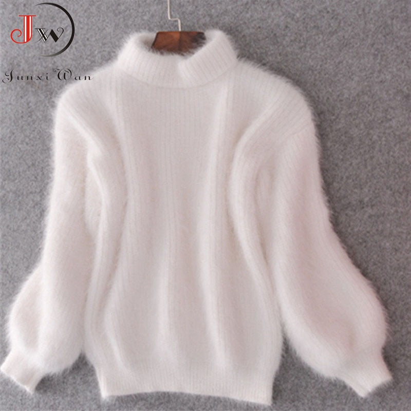 White Mohair Thicken Turtleneck Sweater Autumn Winter Sweet Fashion