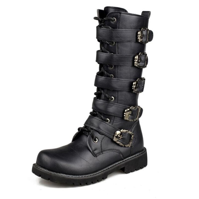 Men's Leather Motorcycle Boots Mid-calf Military Combat Boots Gothic