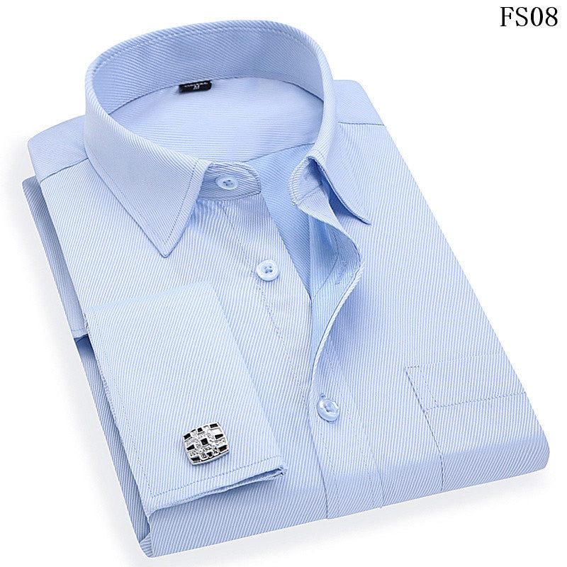 Men 's French Cufflinks Business Dress Shirts Long Sleeves White Blue