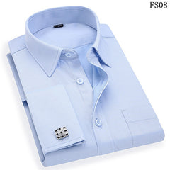 Men 's French Cufflinks Business Dress Shirts Long Sleeves White Blue