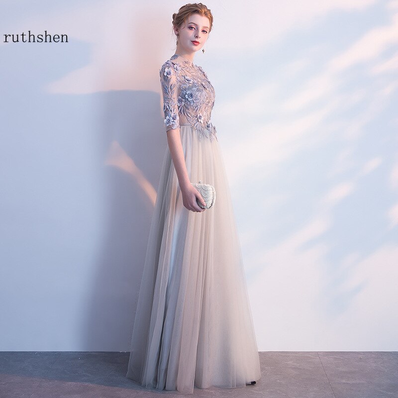 Homecoming Dresses: Prom Dresses Long Half Sleeves Gray Tulle A-Line Floor-Length