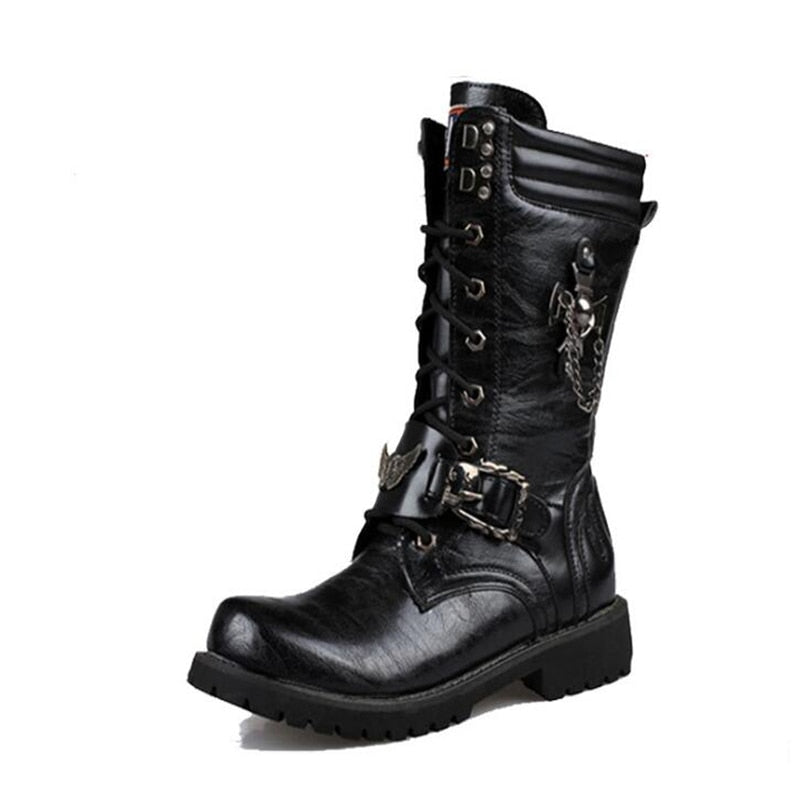 Men's Leather Motorcycle Boots Mid-calf Military Combat Boots Gothic