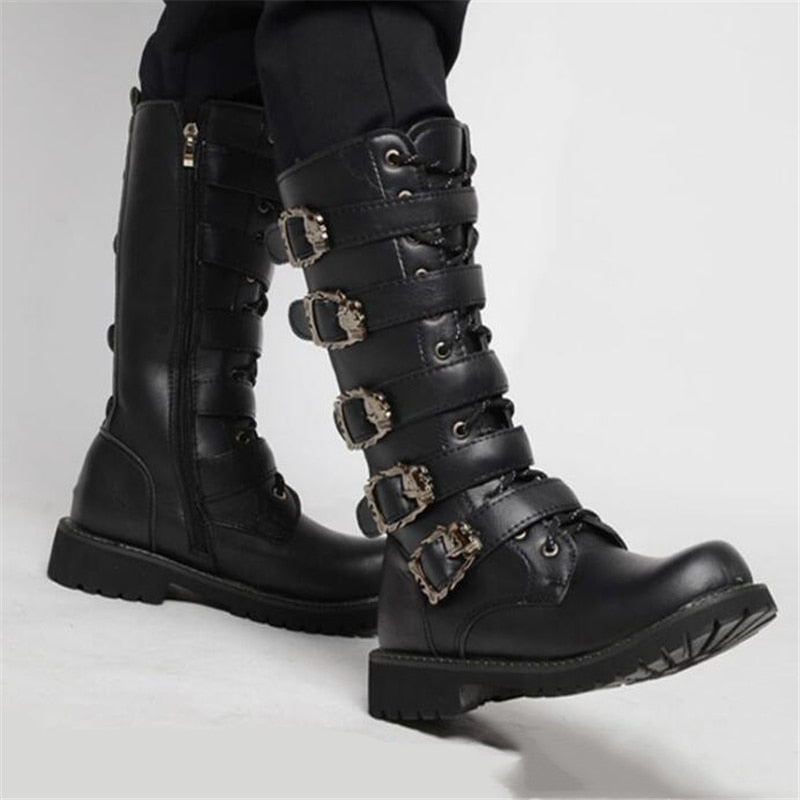 Men's Leather Motorcycle Boots Mid-calf Military Combat Boots Gothic
