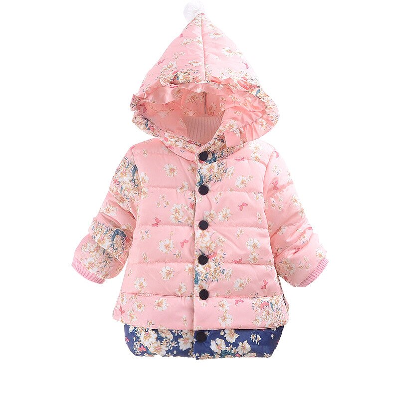 Floral Hooded Girls Down Jacket Fleece Children Outerwear Long Winter Girl