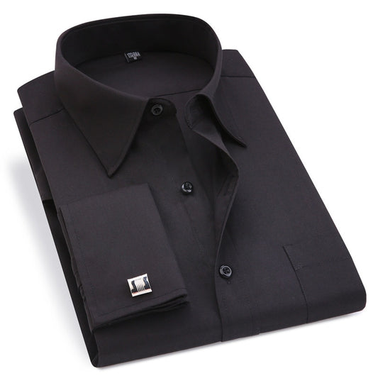 Classic Black French Cufflinks Men's Business Dress Long Sleeve Shirt