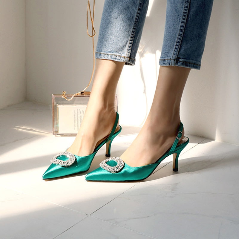 Summer new stiletto pointed high heel rhinestone buckle sandals Satin Korean