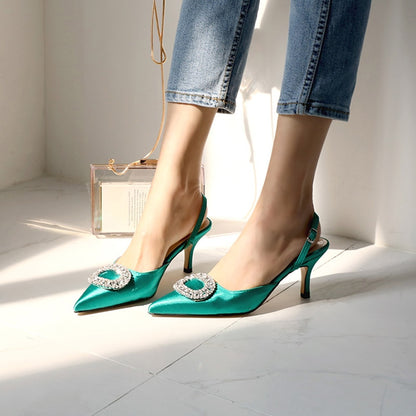 Summer new stiletto pointed high heel rhinestone buckle sandals Satin Korean