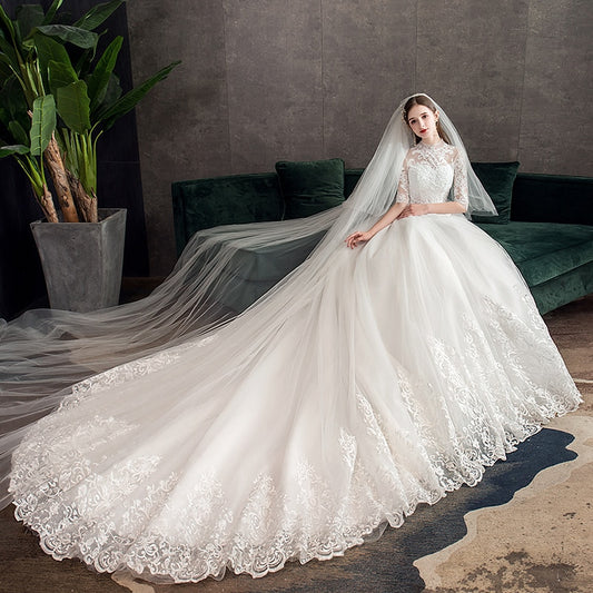 White Bridesmaid Dresses: Wedding Dress With Big Train High Neck Half Sleeve