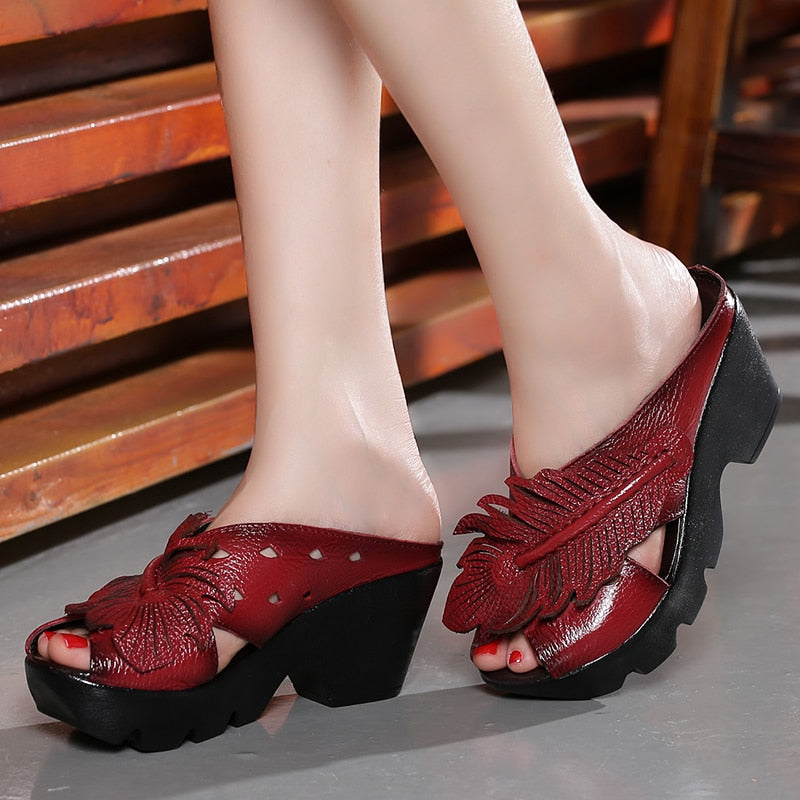 Ethnic Style Genuine Leather Women Shoes Sandals wedges Slides