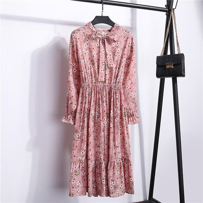 Floral Print Women Dress Female Autumn Long Sleeve Vintage Chiffon Bow Tie