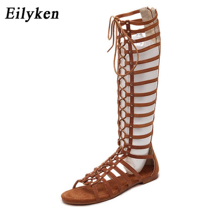 Leather Women Sandals Strappy Open toe Knee  Summer Gladiator Flat Sandals